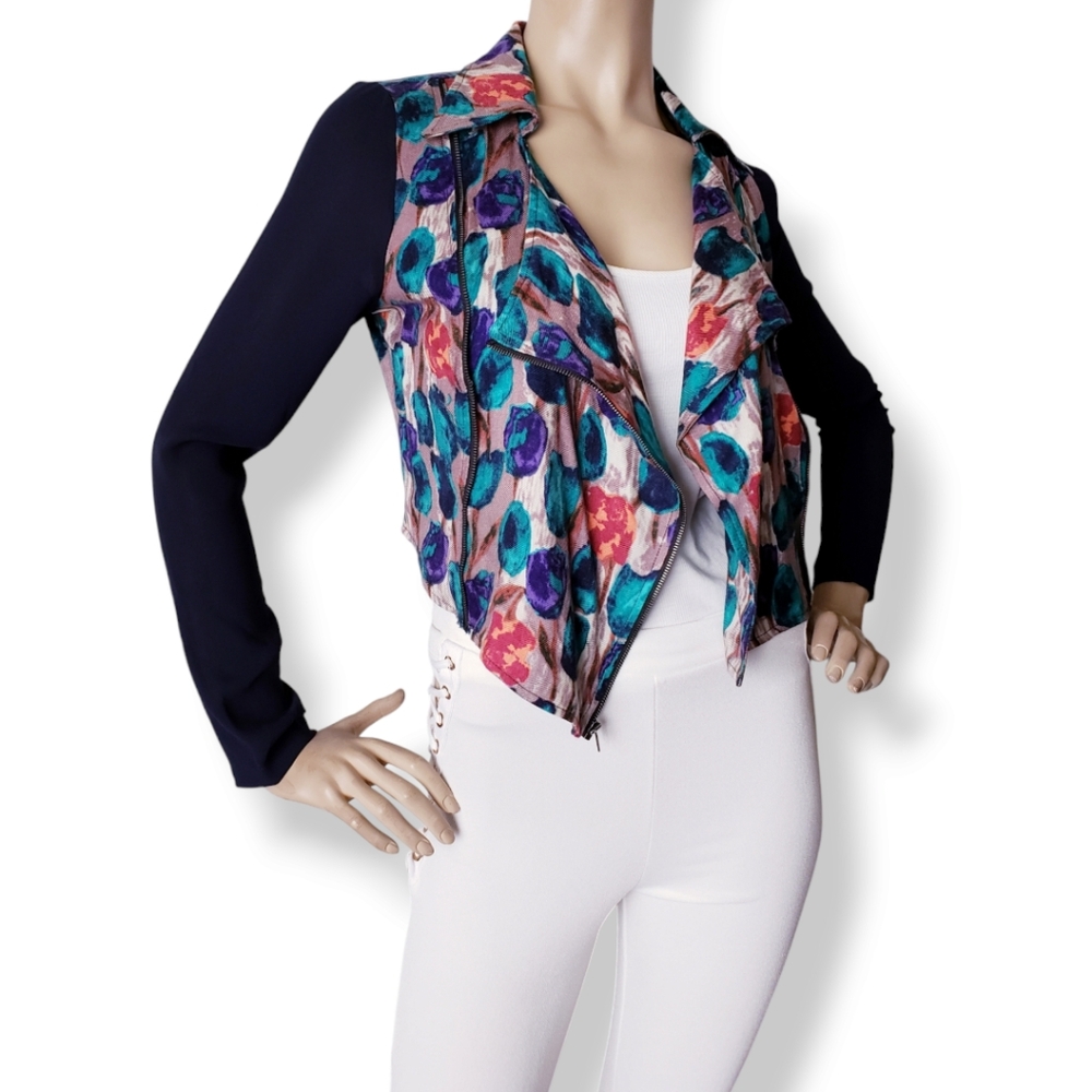 3ena Navy Floral Print Moto Mixed Media Lightweight Jacket Size Small